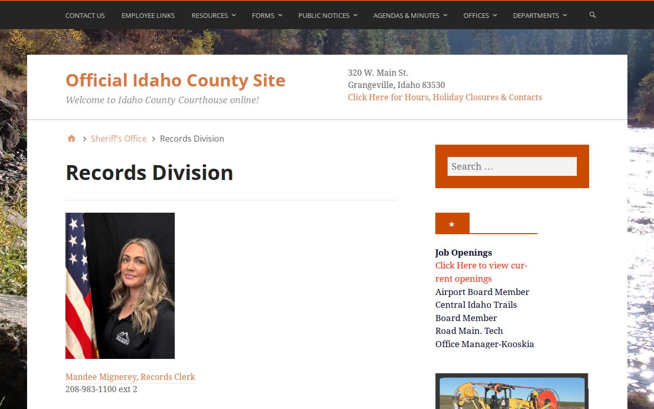 Idaho County Sheriff Records Division page used to request a booking photograph
