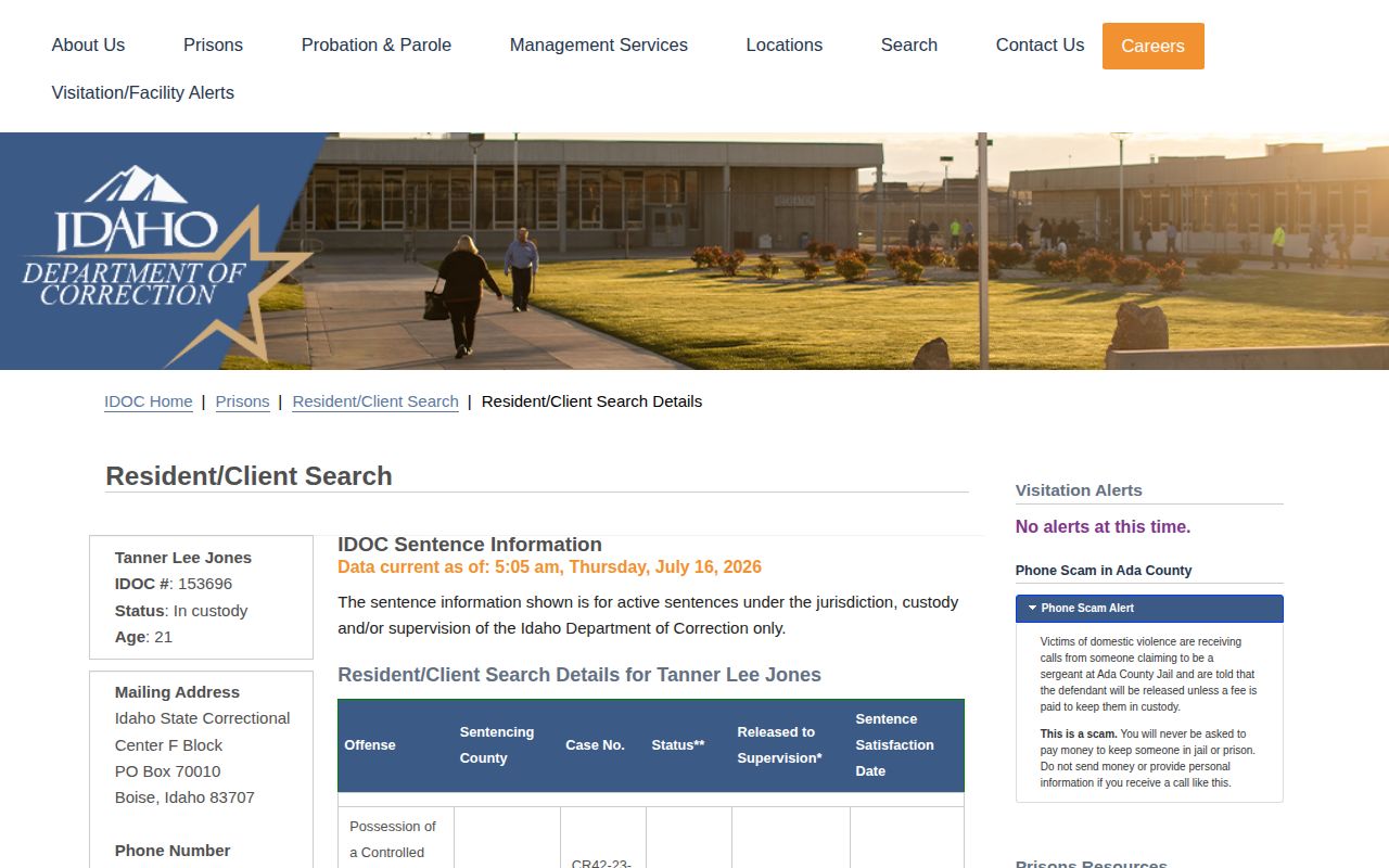 Idaho County projected release date fields on an IDOC record